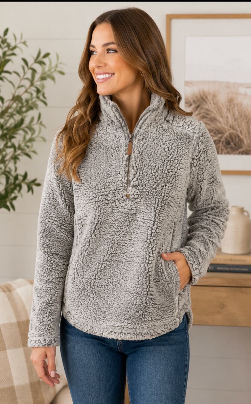 Simply Southern Medium Nomadic Fisherman Grey Quarter Zip Sherpa